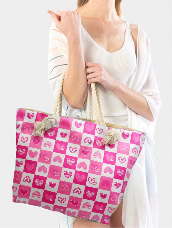 Canvas Heart pattern Print Shoulder Tote